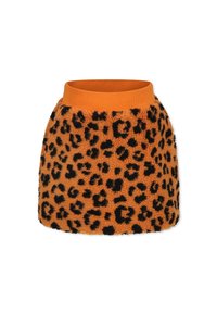 Orange fluffig kjol med ett leopardmönster i svarta fl äckar och en ribbad orange midja. Mjuk textur och knälängd.