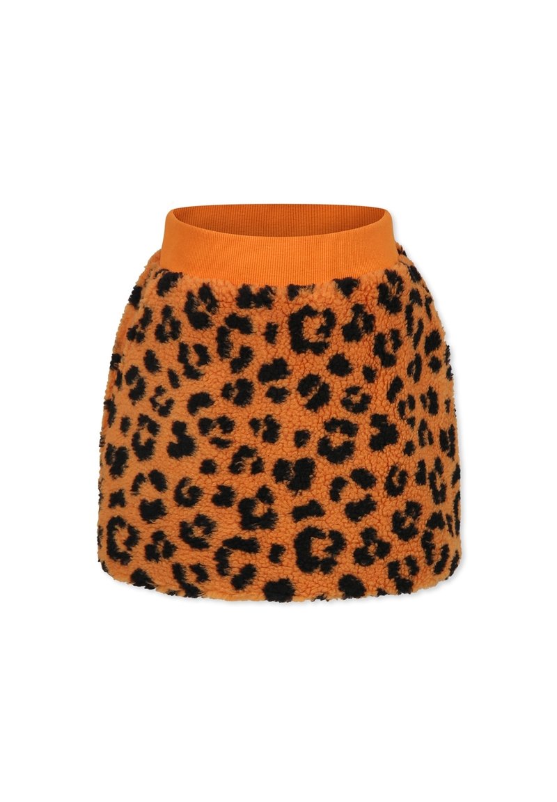 Orange fluffig kjol med ett leopardmönster i svarta fläckar och en ribbad orange midja. Mjuk textur och knälängd.