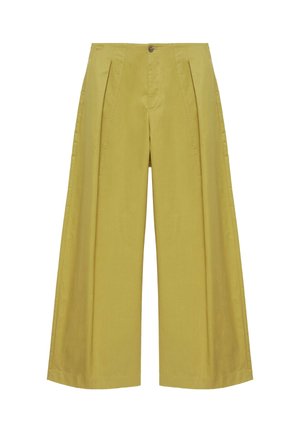 Pantalon large jaune moutarde avec plis, bouton et fermeture éclair, vu de face sur fond blanc.