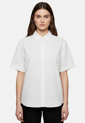 Giovane donna con capelli castani lunghi indossa una camicia bianca a maniche corte con bottoni e pantaloni neri, in piedi davanti a uno sfondo semplice.