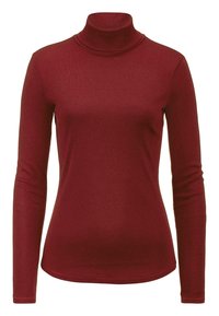Burgunderfarbenes Langarm-Turtleneck-Oberteil, aus weichem Stoff gefertigt, mit figurumspielendem Schnitt, hoher Kragen und glatter Textur.
