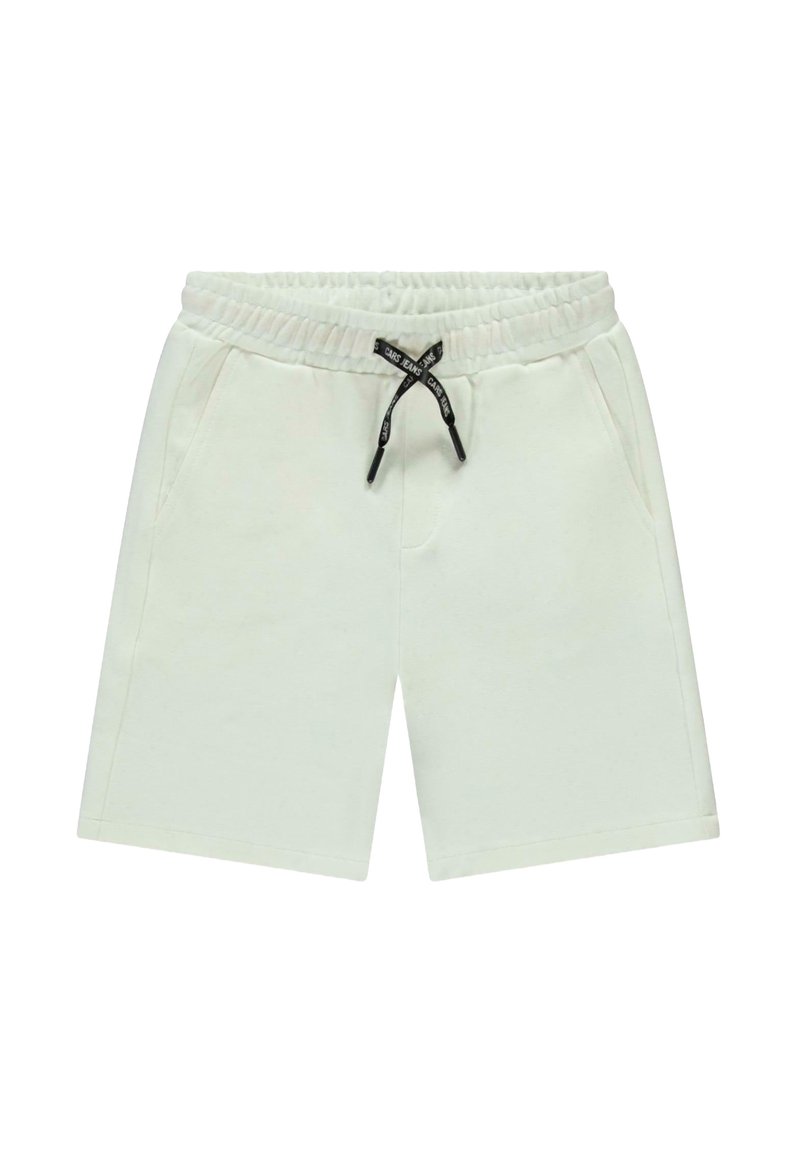 Witte katoenen shorts met een elastische tailleband en zwarte trekkoord, voorzien van zijzakken en een rechte pijpdesign.