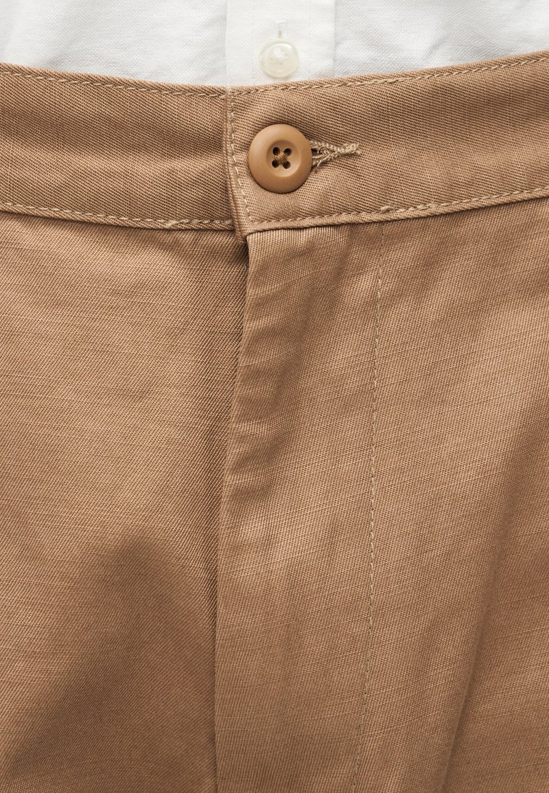Tan cotton trousers with a straight cut, featuring a button closure and visible stitching details. Texture is smooth and fabric is durable.
