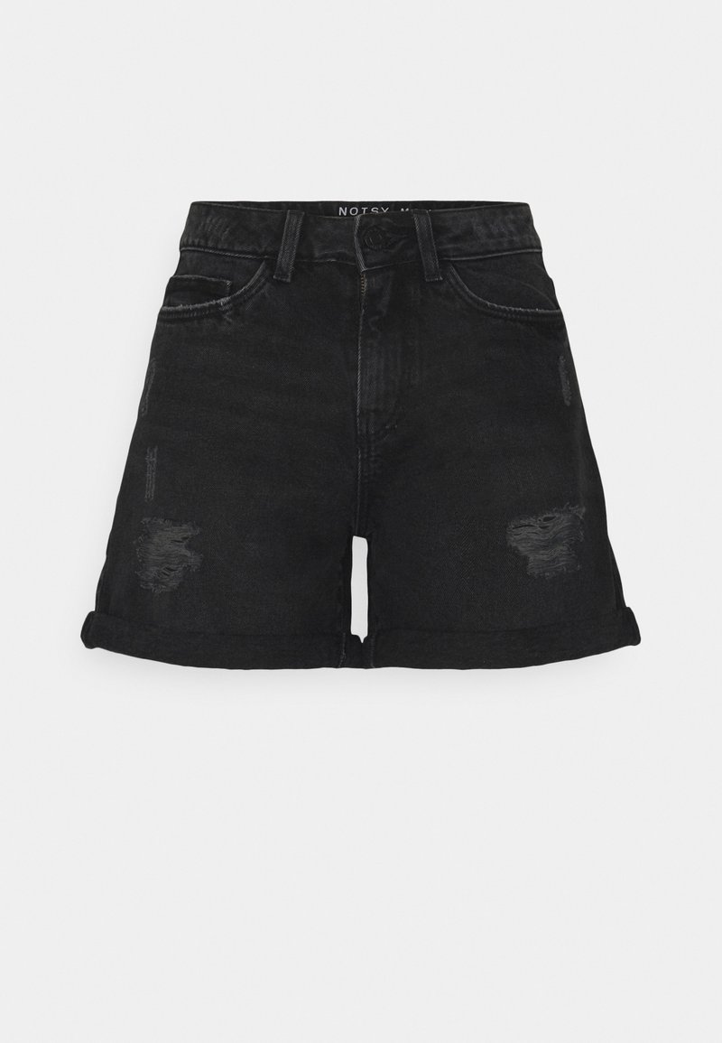 Černé denimové šortky s třepeným lemem, opotřebovanými detaily a klasickým designem s pěti kapsami. Obsahují zapínání na knoflík a poutka na opasek.
