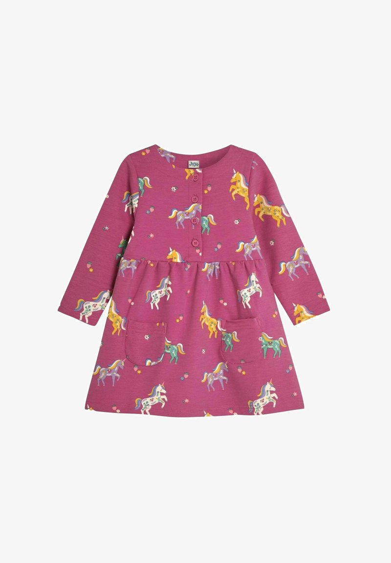 Paarse jurk met een uitlopende rok, lange mouwen, knoopsluiting en een eenhoornpatroon met bloemaccenten. Inclusief twee voorzakken.