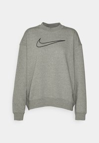 Šedá mikina s mírným límečkem, spadlými rameny, černým logem Nike swoosh na hrudi a žebrovanými manžetami a spodním lemem. Měkká textilie.
