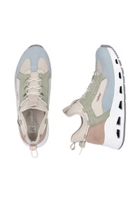 Mehrfarbige Sneaker aus einer Mischung aus hellgrünem, beigem und blauen Wildleder. Enthält eine weiße Sohle mit Luftpolstern und kontrastierenden Akzenten.