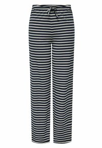 Pasiaste spodnie piżamowe w granatowym i kremowym kolorze, charakteryzujące się luźnym krojem, elastycznym paskiem w talii i systemem sznurkowym. Wykonane z miękkiej bawełny.