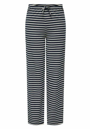 Pasiaste spodnie piżamowe w granatowym i kremowym kolorze, charakteryzujące się luźnym krojem, elastycznym paskiem w talii i systemem sznurkowym. Wykonane z miękkiej bawełny.