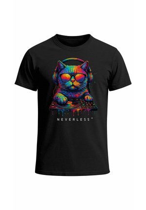 Black t-shirt featuring a colorful graphic of a cat with headphones and sunglasses, set against a backdrop of vibrant paint drips.
