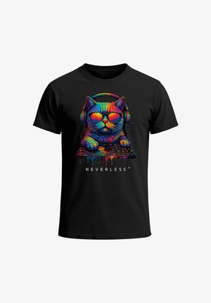 Neverless, DJ MUSIK FESTIVAL EDM MIT KATZENMOTIV - T-Shirt print - schwarz