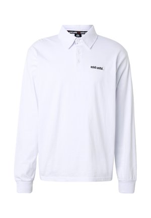 Fehér hosszú ujjú galléros póló három gombbal, a bal mellrészen kis fekete "ecko unltd." logóval.