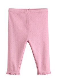 Rosa leggings med en mjuk, ribbad struktur, med ett mönster av små prickar och volangkant vid ärmsluten. Elastisk midja för komfort.