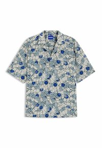 Lyhythihaisessa paidassa on vaaleanbeige tausta, johon on painettu sinisiä kukkia. Paidassa on klassinen kaulus ja nappilista edessä. Kevyt kangas on pehmeää materiaalia.