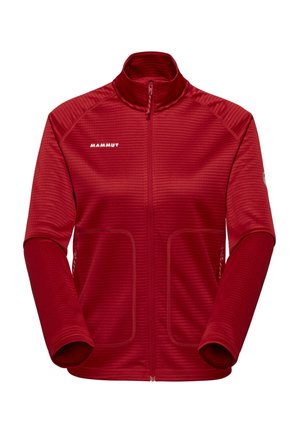 Rote Fleecejacke mit durchgehendem Reißverschluss, hohem Kragen, Reißverschlusstaschen vorne und "MAMMUT"-Logo auf der linken Brust und am Ärmelfleck.