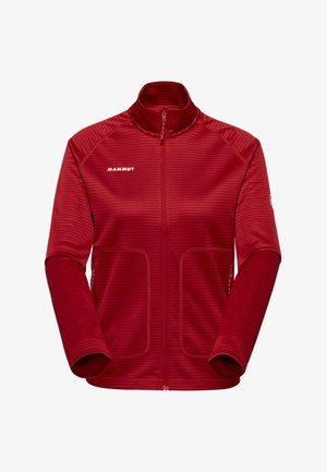 Rode fleece jas met volledige ritssluiting, hoge kraag, voorzakken met rits en het "MAMMUT" logo op de linkerborst en mouwpatch.