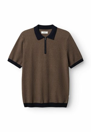 Brown and black short-sleeve knit polo shirt with a zipper front, black collar, cuffs, and hem, laid flat on white background.