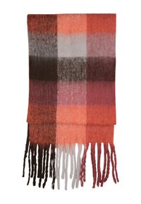 Wollen sjaal in een multicultureel ruitpatroon met oranje, rood, grijs, bruin en witte tinten; afgewerkt met lange franjes aan de randen.