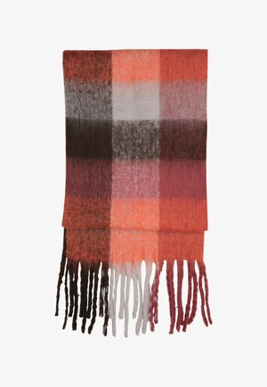 Écharpe en laine avec un motif à carreaux multicolores incluant des nuances d'orange, de rouge, de gris, de marron et de blanc ; finition avec de longues franges sur les bords.