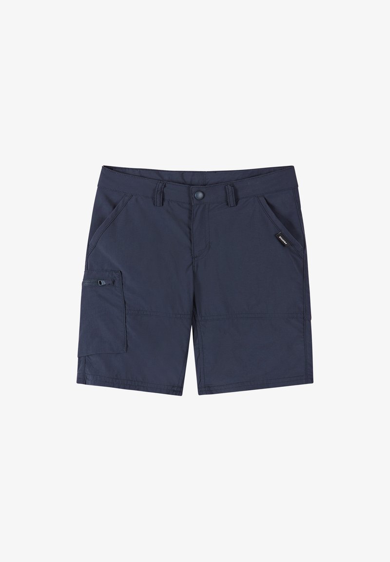 Navy cargo shorts with a smooth texture, featuring a zippered side pocket, button closure, and belt loops. Stitched seams along the edges.
