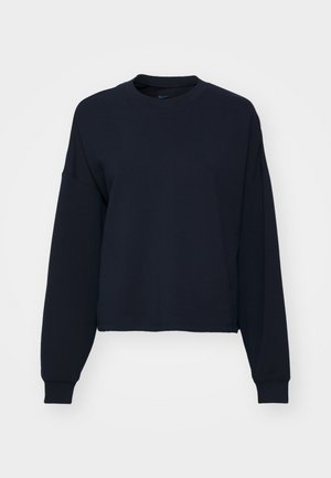 Mörkblå sweatshirt med långa ärmar, rundad halsringning och kort passform. Tillverkad av mjukt tyg med ribbade ärmar och nederkant.