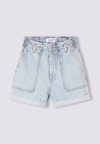 Jeans corti blu chiaro con orli arrotolati, caratterizzati da una vita alta, due tasche frontali e passanti per la cintura. Fascia elastica in vita per il massimo comfort.