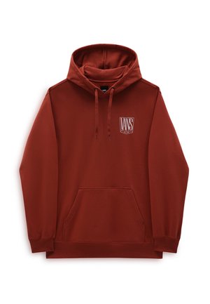 Bluza z kapturem Vans w kolorze rdzy, z przednią kieszenią, regulowanym sznurkiem w kapturze i małym logo Vans na piersi.