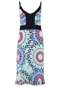 Hame dress tanpa lengan dengan leher V, menampilkan bodice hitam dan pola bunga berwarna-warni dalam nuansa biru, pink, dan hijau. Detail hem berkerut.