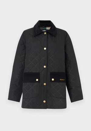 Veste matelassée noire avec matériel doré, poches en velours côtelé et col ; dotée d'un motif en losanges et d'un logo sur la poche inférieure.