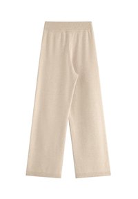 Beige weite Hosen mit einem gerippten Bund und Saum. Aus weichem Stoff mit glatter Textur entworfen, bietet eine lässige, lockere Passform.