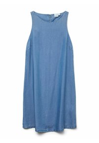 Tkanina brezrokavna obleka iz denima v svetlo modri barvi, ki ima okroglo izrez, stranske žepe in ravno rez s hemom do kolen.