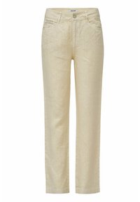 Pantalones de lino beige claro con corte recto, que cuentan con dos bolsillos frontales y una cremallera con cierre de botón. Textura sutil y diseño minimalista.