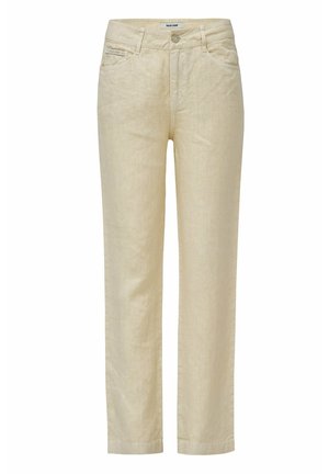 Pantalones de lino beige claro con corte recto, que cuentan con dos bolsillos frontales y una cremallera con cierre de botón. Textura sutil y diseño minimalista.