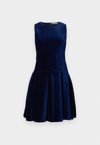 Vestido de terciopelo azul marino con diseño sin mangas, cuello redondo y falda plisada. Tiene una cremallera en la parte trasera para el cierre. Textura suave.