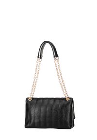 Black leather handbag with quilted design, featuring a gold chain strap and a rectangular shape. Smooth texture and structured form.
