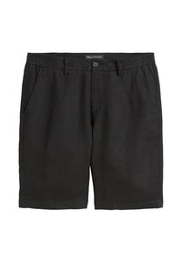 Schwarze Leinen Shorts mit einem Knopfverschluss, zwei Seitentaschen und einer lockeren Passform mit glatter Textur.