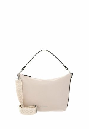 Light pink synthetic bag with a smooth texture, black detailing, and a patterned woven strap. Zippered top closure and silver hardware accents.