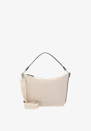 Hellrosa synthetische Tasche mit einer glatten Oberfläche, schwarzen Akzenten und einem gemusterten gewebten Tragegurt. Reißverschluss obendurch und silberne Hardware-Details.