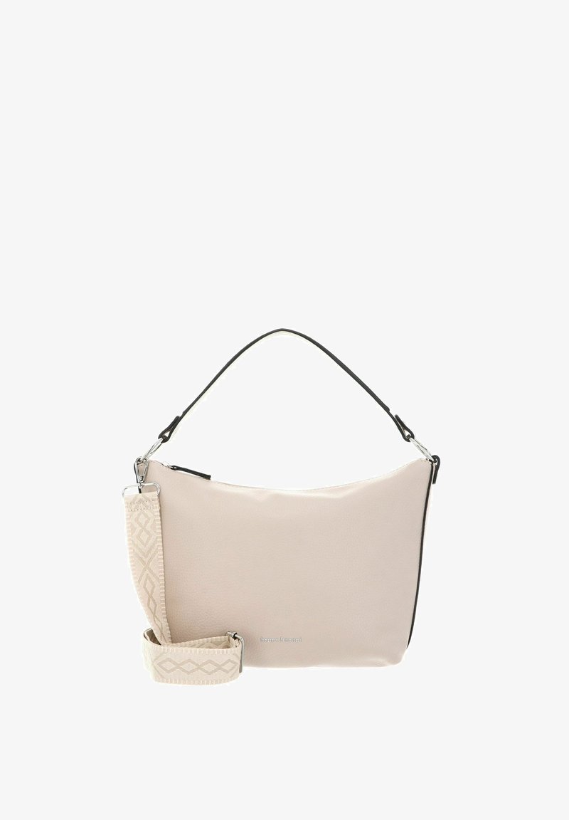 Sac synthétique rose clair avec une texture lisse, des détails noirs et une sangle tissée à motif. Fermeture supérieure à glissière et accents en métal argenté.