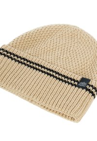 Gebreide beanie in beige met een gevarieerd patroon. Zwarte streepdetaillering nabij de onderkant en een klein logo-label aan de zijkant.