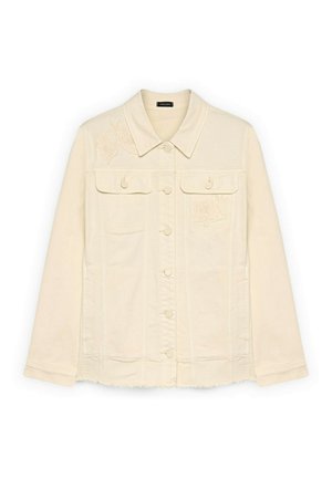 Kremowa kurtka dżinsowa z guzikami z przodu, dwoma kieszeniami na piersiach z patkami, kołnierzem, długimi rękawami oraz subtelną kwiatową haftą na piersiach i ramieniu.