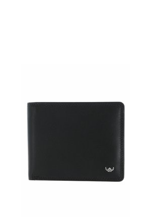 Black leather bifold wallet with a small silver emblem on the lower right corner, smooth texture and stitched edges.