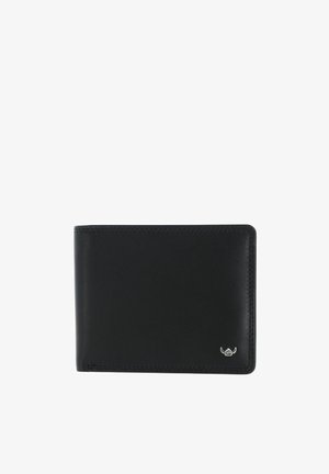 Black leather bifold wallet with a small silver emblem on the lower right corner, smooth texture and stitched edges.