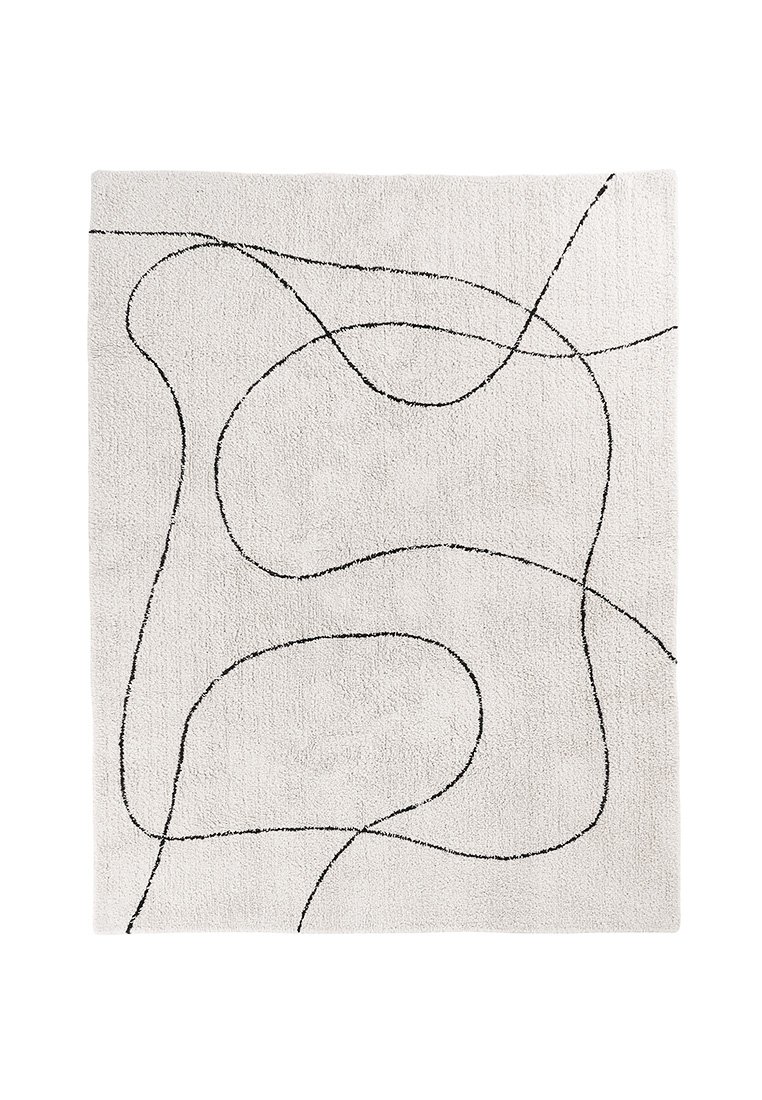 Weißer Langhaarrug mit schwarz-abstractem Linienmuster. Sanfte Textur, rechteckige Form, minimalistisches Design. Eignet sich für verschiedene Einrichtungsstile.