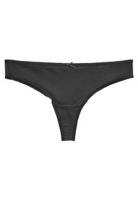 Zwarte slip met een gladde stof, voorzien van een delicaat strikje aan de voorkant en gegolfde randen langs de tailleband.