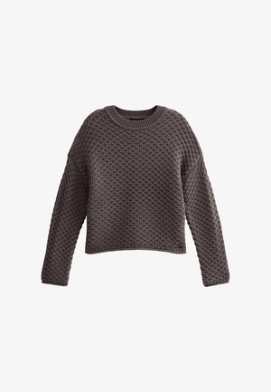 Dunkelgrauer, kurz geschnittener Pullover mit strukturiertem Strickmuster, geripptem runden Halsausschnitt und langen Ärmeln. Weicher Stoff, lockere Passform.