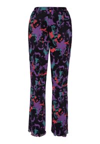Pantalon évasé en tissu noir orné d'un motif abstrait coloré violet, rouge et vert. L'ourlet est froncé pour un détail supplémentaire.