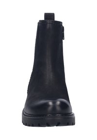 Botas de cuero negro hasta el tobillo con punta redondeada, cierre de cremallera en el lateral y suela de goma texturizada con patrones de relieve visibles.