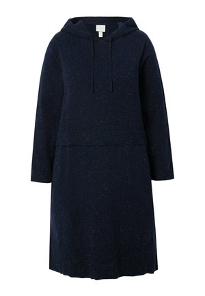 Marineblaues Kapuzenkleid mit langen Ärmeln, aus strukturiertem Stoff mit feinen Punkten, und geradem Schnitt mit geripptem Saum.