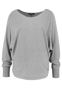 Grå langærmet sweater lavet af blødt strikstof, med en bred halsudskæring og ribkantede manchetter. Løs pasform med et skråt nederste design.